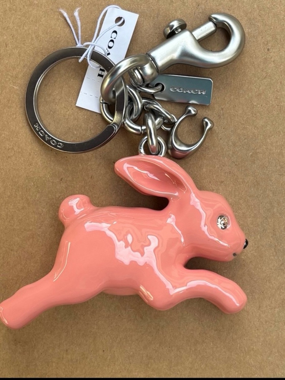Coach Coral Pink Enamel Bunny Keychain Charm
